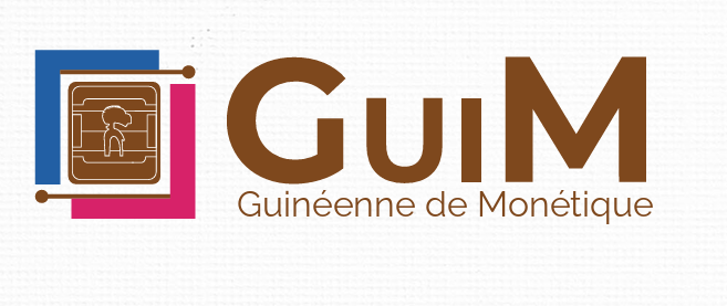 Logo GUIM, Guinéenne de Monétique : carrés bleu et magenta superposés portant un cartouche brun à motif de circuit, à gauche du sigle GuiM.
