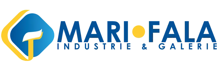 Logo Marifala Industrie & Galerie : losange bleu dégradé portant une flamme blanche, souligné d'un ruban jaune, à gauche du nom en capitales bleues.