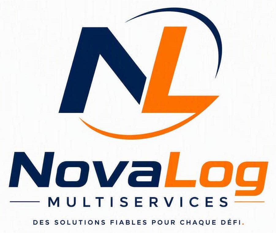 Logo NovaLog Multiservices : monogramme NL bleu nuit et orange pris entre deux arcs, au-dessus du nom et de la signature « Des solutions fiables pour chaque défi ».